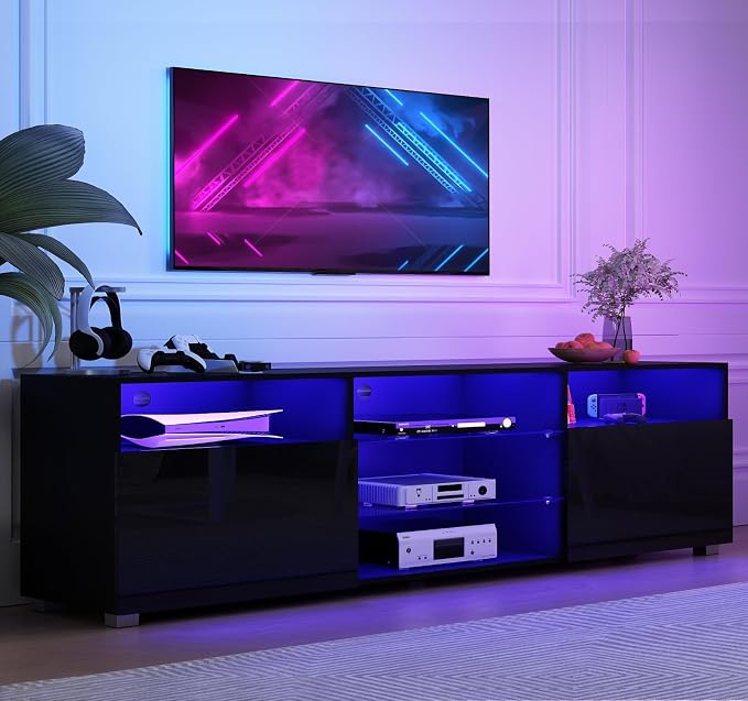 Hlivelood 70" Large LED TV Stand for 65/70/75Inch TV, High Glossy White TV Stand for Living Room,Modern Gaming TV Entertainment Center with Adjustable Storage Shelf,TV Console(Black) by Hlivelood