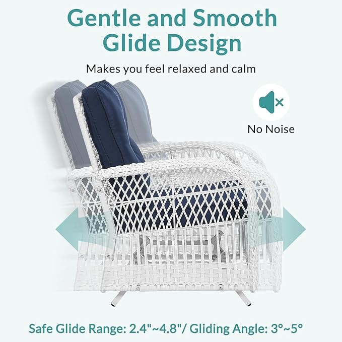 MEETWARM Patio Wicker Rocking Glider Set, All-Weather Outdoor Rattan Patio Rocking Chairs of 2, Patio Conversation Set with Thickened Cushions for Porch Backyard & Garden, White Wicker/Navy