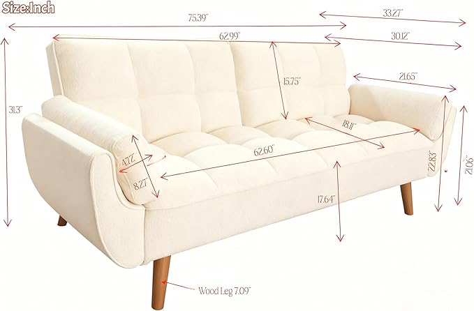 Convertible Futon Sofa Bed, Modern Futon Couch with 2 Pillows, Small Futons Couch with Adjustable Armrest & Backrest, Loveseat Sofa Bed for Living Room, Bedroom, Beige