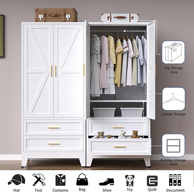 71" Heavy Duty Steel Armoire Wardrobe Closet - Metal Clothing Storage Cabinet with 2 Doors, 1 Drawer, Hanging Rod & Adjustable Shelves, Black for Bedroom, Gym, Laundry Room