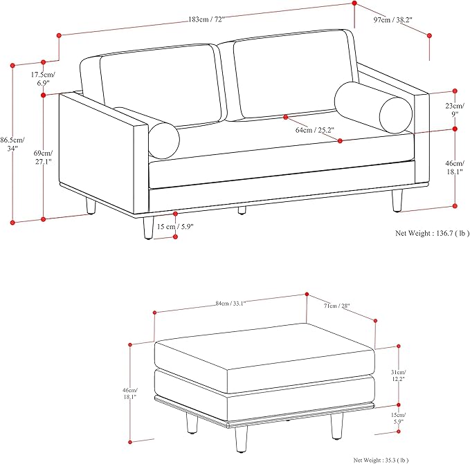 SIMPLIHOME Morrison Mid-Century Modern 72 inch Wide Sofa with Ottoman Set in Caramel Brown Genuine Leather for the Living Room and Family Room