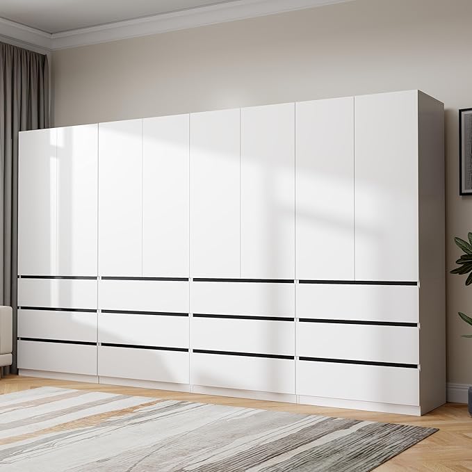 Large Wardrobe Closet with 8 Doors: 75" White Armoire with 12 Drawers, Wooden Wardrobe for Hanging Clothes, Tall Storage Cabinet with Shelves and Hanging Rod (B+B+B+B, 126")