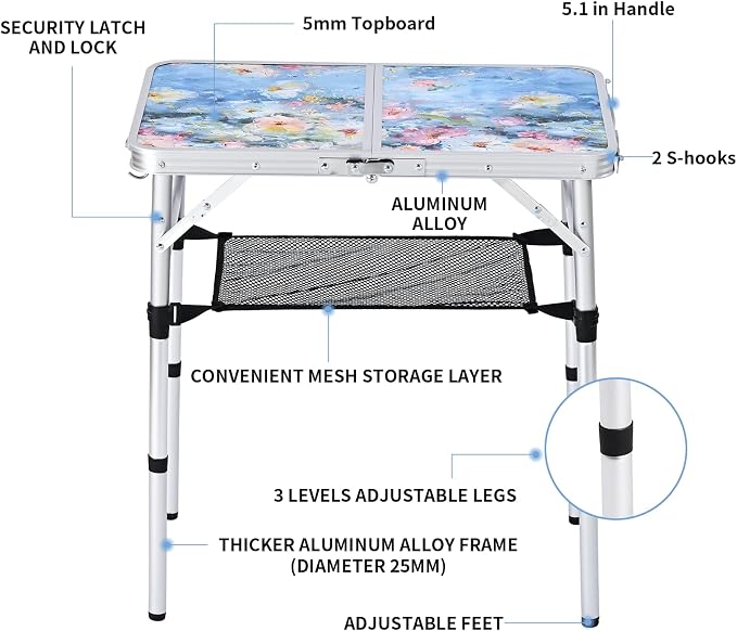 Outdoor Side Table, Portable 3 Adjustable Height Small Outdoor Folding Table, Aluminum Foldable Patio Side Tables for Outside Indoor, Plant Stand Coffee End Table for Garden, Balcony(Provence Dreams) - Image 4