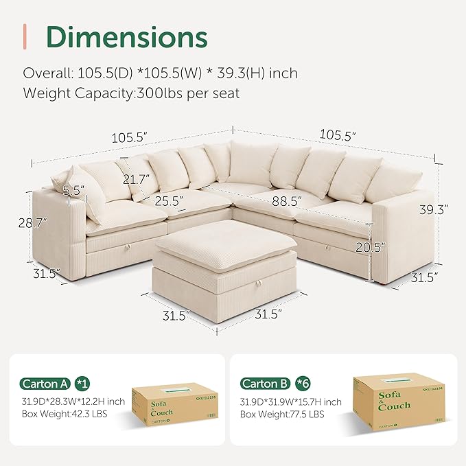 HHONBAY Modular Sectional Sofa, 6 Seaters Corduroy Sectional Couchwith Ottoman, L Shaped Sofa with Storage & Pillows, Beige