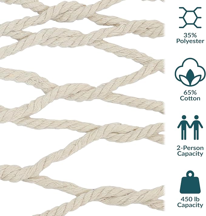 Sunnydaze Cotton Rope Hammock for Outside - 450-Pound Capacity Indoor or Outdoor Hammock with Spreader Bars - Natural - Image 3