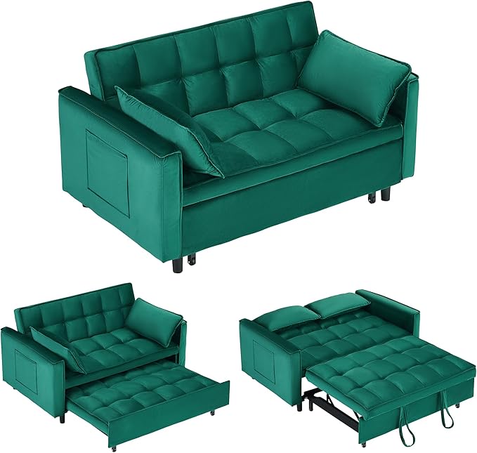 55" Modern Velvet Loveseat Sleeper Sofa, 3-in-1 Convertible Pull-Out Bed with Adjustable Backrest, 2 Pillows & Side Pockets, Small Pull Out Couch for Living Room, Apartment(Green)