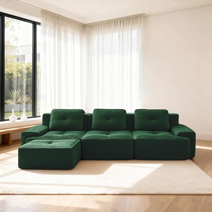 Casaphoria 115'' Boneless Sofa with Ottoman, 3-Seater Modular Couch with 3 Pillows for Living Room, L Shape Cloud Sectional Sofa, No Assembly, Green