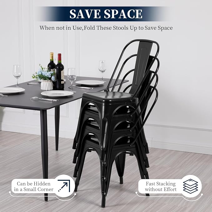 FDW | Metal Dining Chairs | Set of 4 | Black | Stackable Tolix Side Chairs with Backrest | Scratch-Resistant | Non-Slip Feet | Indoor/Outdoor Use | 330 lbs Capacity | for Kitchen & Restaurant - Image 4