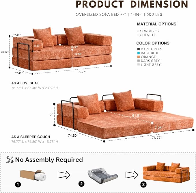 4-in-1 Folding Convertible Sofa Bed, 77" Floor Couch with Pillow - Chenille Fabric & High-Density Sponge & Fixed-Shape Frame, Modular Sofa for Living Room/Lounge/Studio, Orange