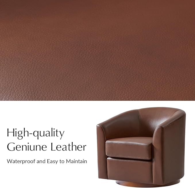 HULALA HOME Genuine Leather Swivel Barrel Chair, Round Swivel Accent Chair with Solid Wood Base, No Assembly Required, Brown