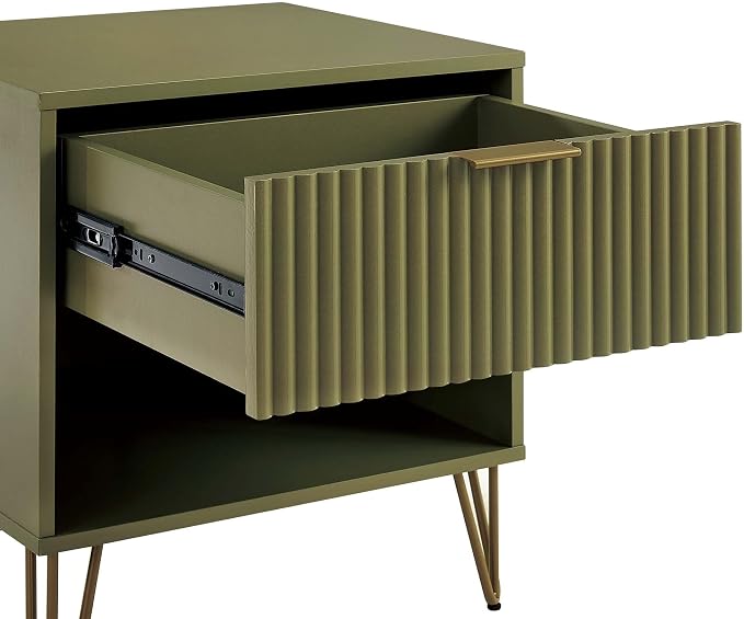 Manhattan Comfort Dumbo Modern Nightstand 1.0 with 1 Drawer and Metal Feet | Splayed Gold Legs | Vertical Ribbed Design | No Tool Assembly Storage for Bedroom & Living Room, Set of 2, Olive Green - Image 5