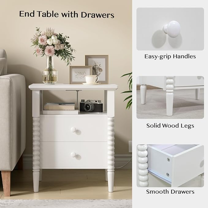 JOINICE White Night Stand Set 2, Vintage Nightstand with Charging Station, Bedside Table with 2 Drawers, End Table with Solid Wood Legs, Bed Side Tables for Bedroom, White - Image 5