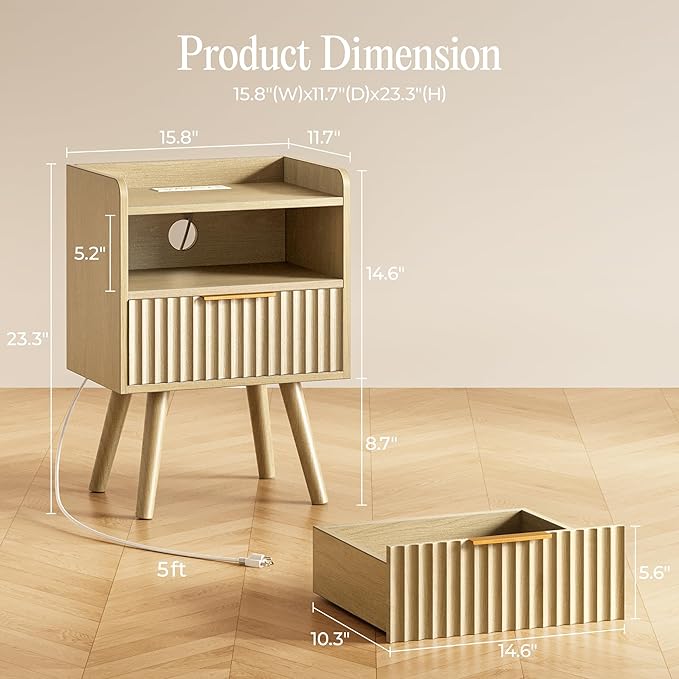 Huuger Nightstand with Charging Station, USB-C Port, Fluted Night Stand Set of 2, Bed Side Table with Drawer, Solid Wood Feet, Open Storage, End Table with Raised Edge, for Bedroom, Natural - Image 2