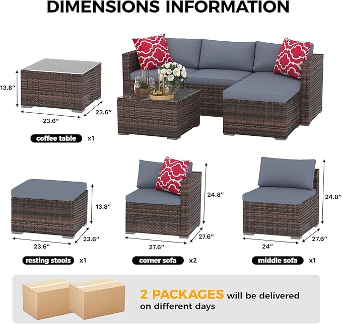 5-Piece Outdoor PE Wicker Patio Furniture Set, Water-Resistant Sectional Sofa With Plush Cushions, Tempered Glass Coffee Table & Ottoman, All-Weather Garden Conversation Set for Porch, Backyard, Grey
