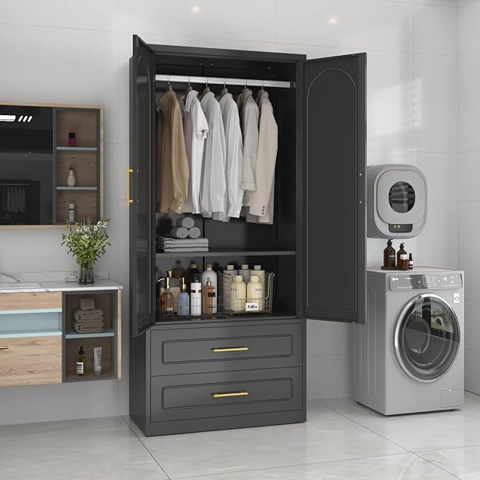 SteeLoong Metal Armoire Wardrobe Closet with 2 Drawer,71Inch Black Clothing Storage Cabinets with Hanging Rod, for Bedroom Home Office