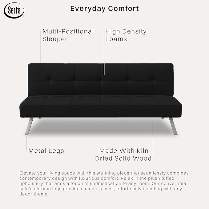 Serta® Rane Futon Sofa Bed 66.1", 3-in-1 Convertible Couch Sleeper for Small Spaces, Tufted Back, Twin Size Guest Bed, Black Woven Fabric