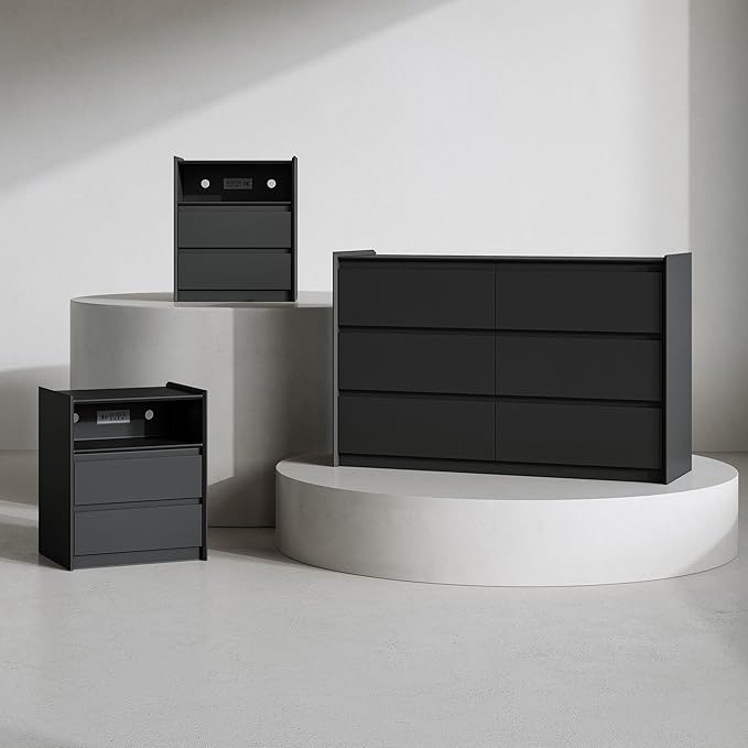 Modern 3PCS Bedroom Furniture Set with 6-Drawer Storage Dresser and 2 Nightstands, Raised Edge, USB & Type-C Ports, AC Outlets, and Open Shelf for Bedroom or Apartments, Black