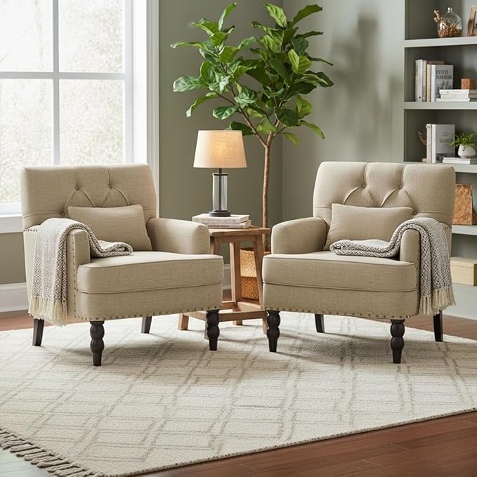 HUIMO Tufted Club Chair Set of 2 with Lumbar Pillow,Accent Chair Upholstered Button Armchair, Linen Fabric Sofa Chairs for Bedroom, Living Room, Mid Century Modern Reading Chair,Brown