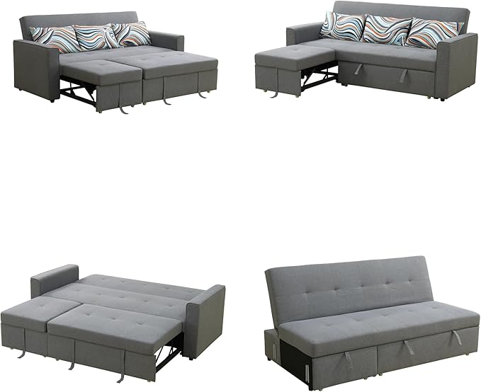 Convertible Sofa Bed Couch, 4 Seat Iron Frame Sectional Couches for Living Room with Storage for Apartment, Sleeper Sofa Couch with Pullout Bed, Light Grey