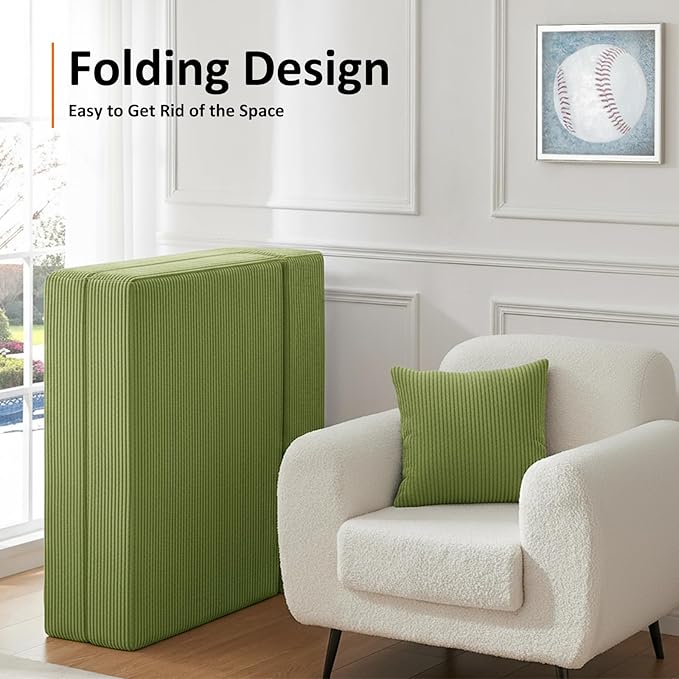 Queen Size Folding Sofa Bed - 4 in 1 Convertible Sleeper Chair with Two Pillows - High Density Memory Foam Futon Couch - Foldable Bed for Living Room Bedroom (Green)