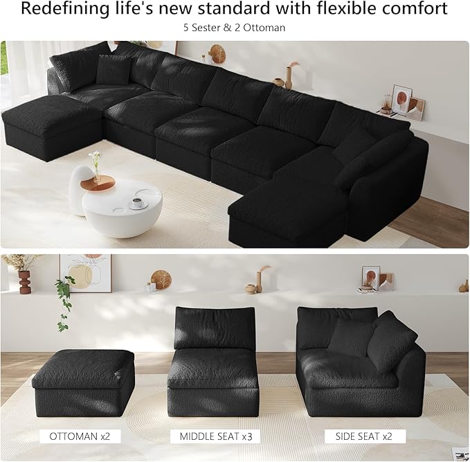 Modular Sectional Sofa Boneless Cloud Couch for Living Room, U Shape Deep Seat Recliner Sofa with Ottoman, Adjustable Backrest & 2 Throw Pillows - Covers Washable, (Black, 5 Seater+2 Ottoman)