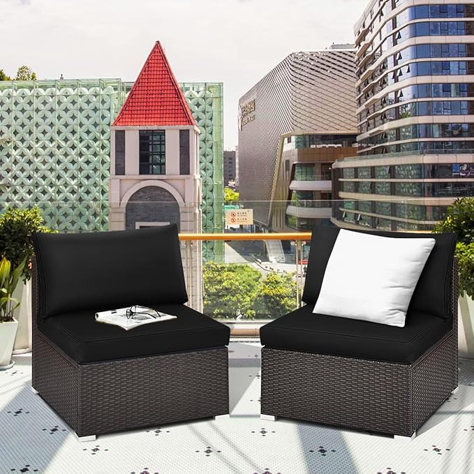 Tangkula 2 PCS Outdoor Wicker Armless Sofa, Patio Rattan Sectional Sofa Set w/2 Thick Seat Cushions and 2 Back Cushions, Additional Seats for Balcony Garden Patio Poolside (Brown)