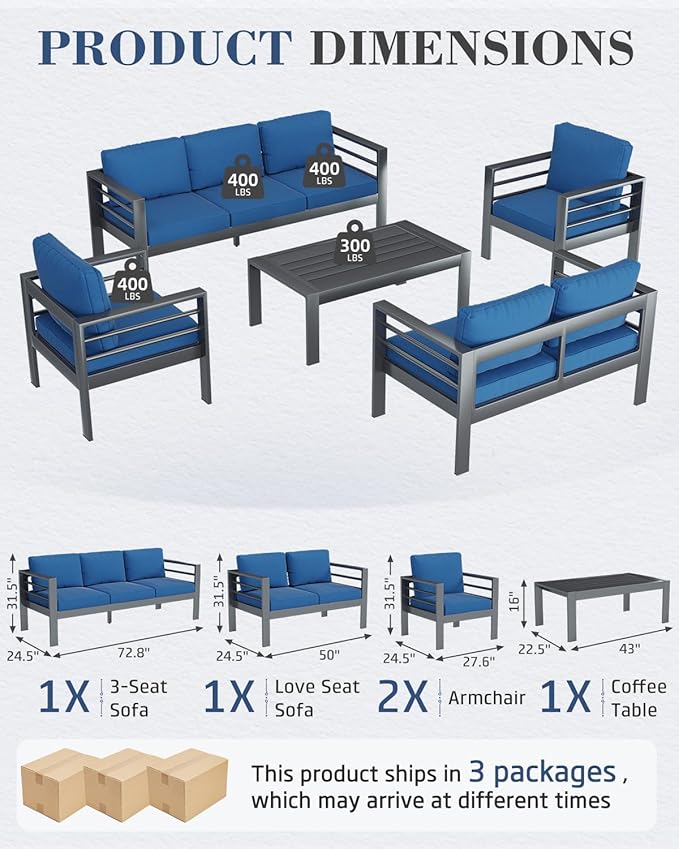AECOJOY Aluminum Patio Furniture Set, 7 Seats Modern Outdoor Furniture with Coffee Table, 5 Pieces Metal Conversation Sectional Sofa, Blue