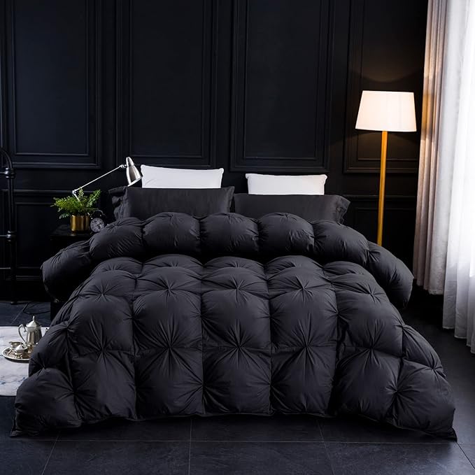 Three Geese Pinch Pleat Waterfowl Feathers and Down Comforter Palatial King Size Duvet Insert,750+ Fill Power,1200TC 100% Cotton, Premium All Seasons Black-Gray Warm Hotel Comforter with 8 Tabs.