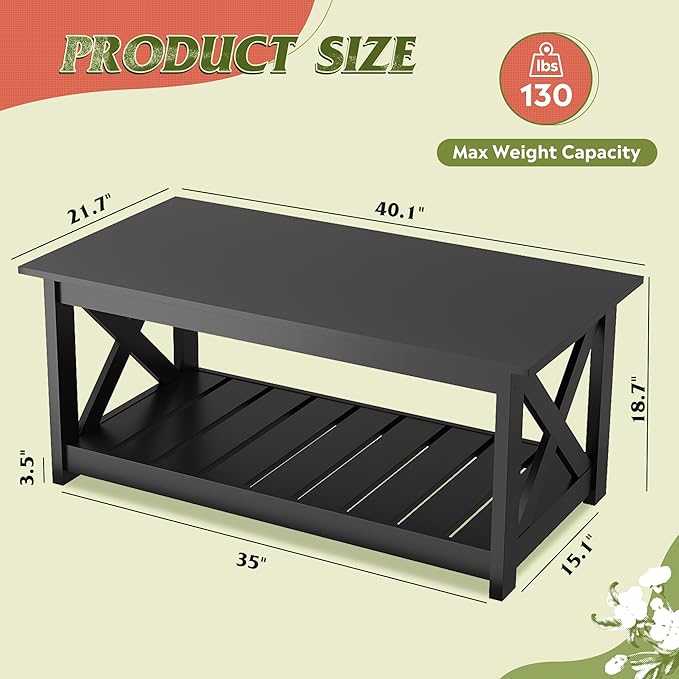 WLIVE Farmhouse Coffee Table for Living Room, 40.1" Rustic Center Table with X-Frame Support & Storage Shelf, 2-Tier Wood Coffee Tables for Bedroom & Balcony, Charcoal Black