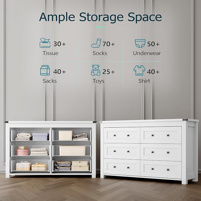 Dresser for Bedroom with 6 Drawers, Farmhouse Wood Chest of Drawers, Wide TV Stand Closet Storage Furniture with Metal Handle, Modern Clothes Organizer for Hallway, Living Room, Entryway, White - Image 4
