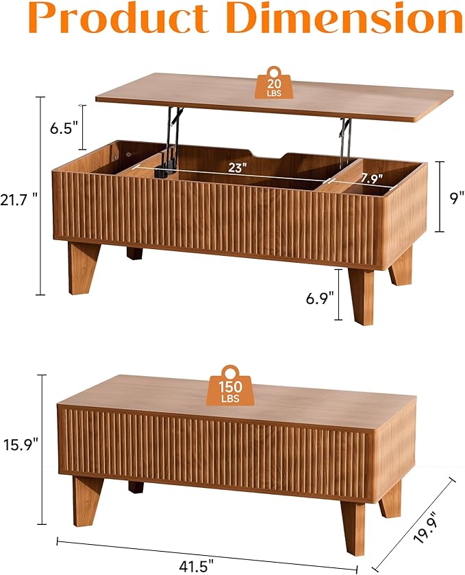 Rectangular Lift Top Coffee Table with Storage, 41.5" Mid Century Modern Center Table for Living Room, Wood Fluted Coffee Table for Home Office, Walnut