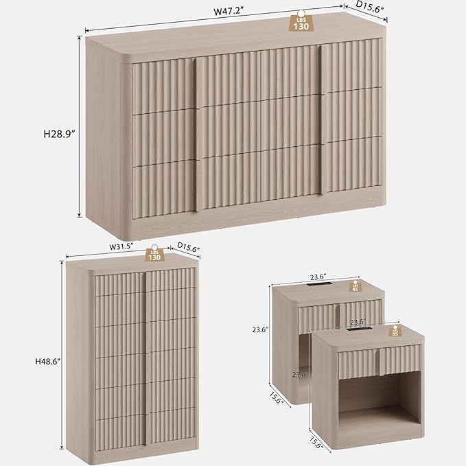 Fluted Dresser and Nightstand 4-Piece Bedroom Set, 47" Wide 6-Drawer + 49" Tall 6-Drawer Dresser and 2*Nightstands with Charging Station, Modern Bedroom Dressers Sets, Hallway, White Alder