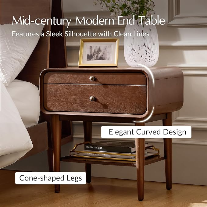 HULALA HOME Nightstand Set of 2 with Pull-Out Shelf, Mid Century Modern End Table with Storage Drawer, Charging Station, Solid Wood Legs, Walnut - Image 3