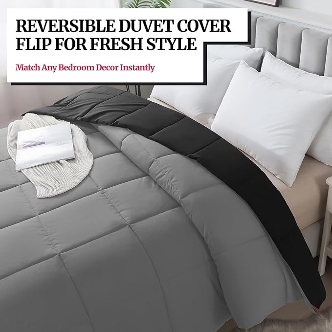 Down Alternative Bedding Comforter Twin Size - All-Season Soft Reversible Microfiber Bedding Comforter - Lightweight & Machine Washable(Black/Dark Gray, Twin)