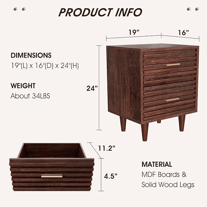 Whalefall Night Stands, Fluted Bedside Table with Drawer, Mid Century Modern Nightstand, End Table Bed Side Tables for Bedroom, Accent Tables with Wood Legs, Brown 1pc - Image 2
