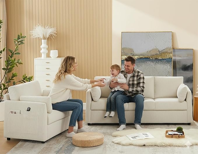 3 Pieces Corduroy Living Room Sofa Sets, 3-Seater Couch with Set of 2 Reading Armchairs, Comfy Pillows and Storage Pockets, Modern Living Room Furniture Sets for Apartment, Small Spaces, Beige