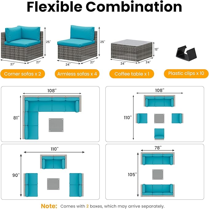 SUNVIVI OUTDOOR 7 Piece Patio Furniture Sets All Weather Grey PE Wicker Couch Sofa with Glass Table, Removable Blue Cushions