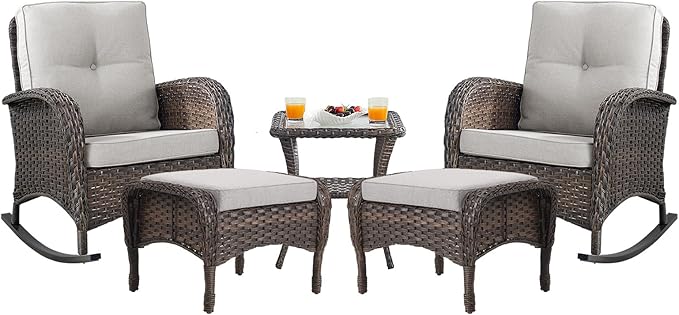 Belord Patio Rocking Chairs Furniture Set - 5 Piece Outdoor Wicker Furniture Sets with Ottomans, Small Patio Conversation Sets with Wicker Rocking Chairs Brown/Beige