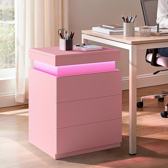 ADORNEVE Nightstand with Charging Station and LED Lights,Night Stand with Sliding Top,Bedside Table with Drawers,Modern End Side Table for Bedroom,Pink - Image 8