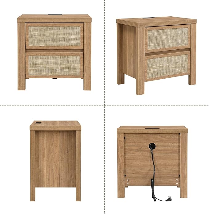 Yechen Nightstands Set of 2, Rattan Night Stand with Charging Station, Wooden Bedside Tables, Boho Rattan End Tables, Bed Side Tables, for Bedroom Living Room, Natural Walnut - Image 8