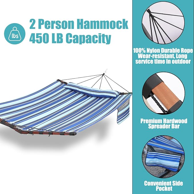 TegerDeger 12FT 2 Person Hammock Large Hammock 450LB Capacity with V Shaped Hardwood Spreader Bar & Nylon Rope for Outside, Patio, Garden, Backyard, Beach, Poolside - Blue Stripes - Image 4