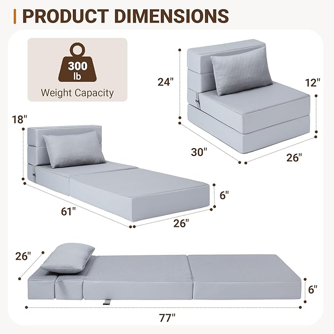 BeBen Folding Sofa Bed, Boneless Foldable Chair Bed, Convertible Futon Sleeper Chair Couch, Single Lazy Floor Lounger Sofa Couch for Small Spaces, Dorm, Guest Room, Living Room, Apartment, Grey