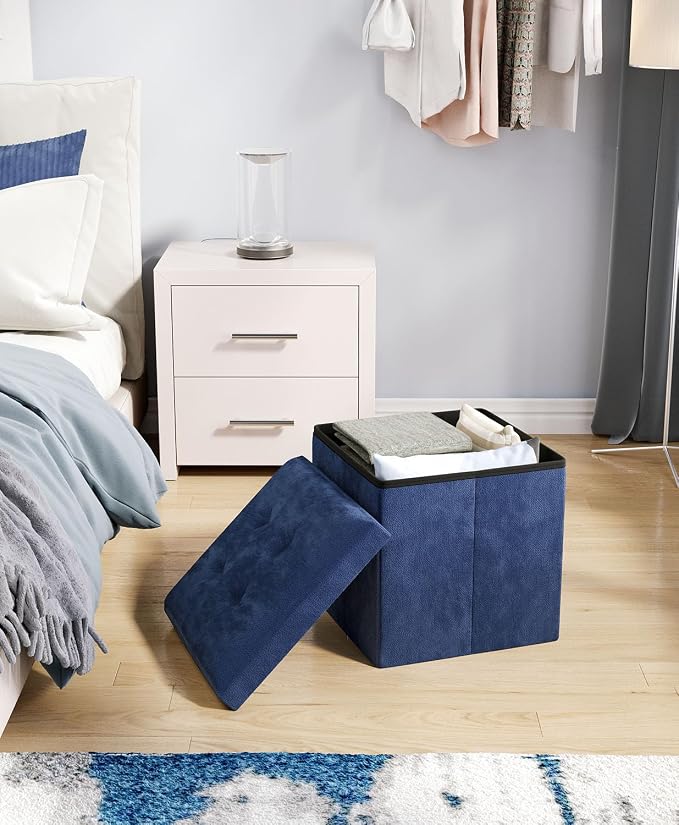 OS MOTOR Folding Storage Ottoman Bench, Multi-Functional Ottoman Footrest, End of Bed Bench, Storage Chest for Living Room, Bedroom, Hallway, Entryway, Holds Up to 300 lbs (Navy Blue, 15 Inches) - Image 2