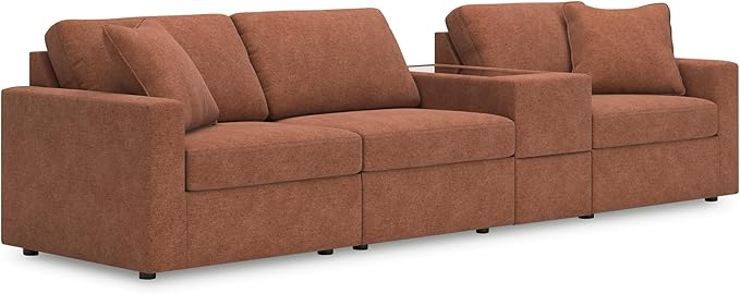 Signature Design by Ashley Modmax Urban Modular Stain Resistant 4-Piece Sectional with Storage Console, Drawer and 2 Accent Pillows, Orange