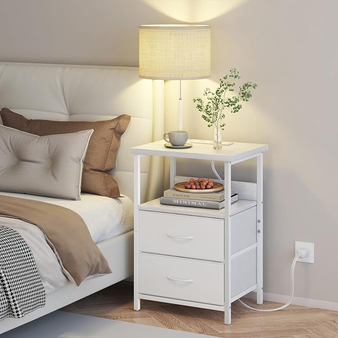 Fixwal Night Stand with 3 Color Temperature Bulb Attached, Nightstand with Light & Charging Station End Table with Fabric Drawer for Bedroom, Dorm, White - Image 2