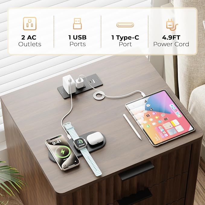 Fluted Nightstand with Charging Station, Multifunctional 3 Drawers Storage Bedside Table, Solid Wood Modern Nightstand, Curved Profile Design, End Table for Indoor Room Bedroom Office, Walnut - Image 3