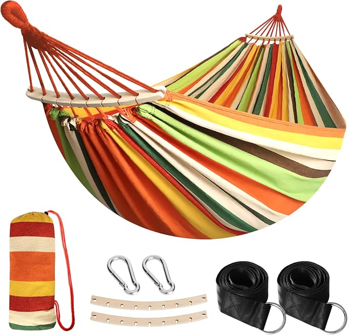 Anyoo Garden Cotton Hammock Comfortable Fabric Hammock with Spreader Bar Sturdy Hammocks Up to 450lbs Portable Lightweight Hammocks with Travel Bag for Camping Outdoor/Indoor Patio Backyard by Anyoo
