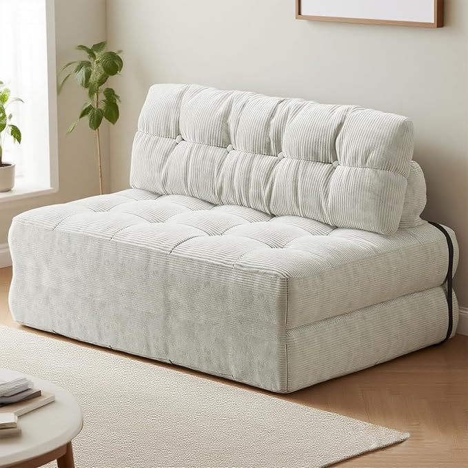 GarveeHome Folding Sofa Bed, Floor Folding Couch with Pillow, Futon Sofa Bed Convertible Sleeper Chair Foldable Mattress Back Support, Portable Fold Out Couch, Full, Corduroy, Beige