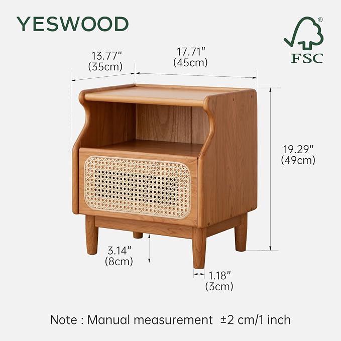 YESWOOD Cherry Wood Nightstand with Drawer, Rattan Nightstand, Natural Wooden Side Table, 19.3" H Bedside Table with Open Shelf, Small Nightstand for Bedroom - Image 3