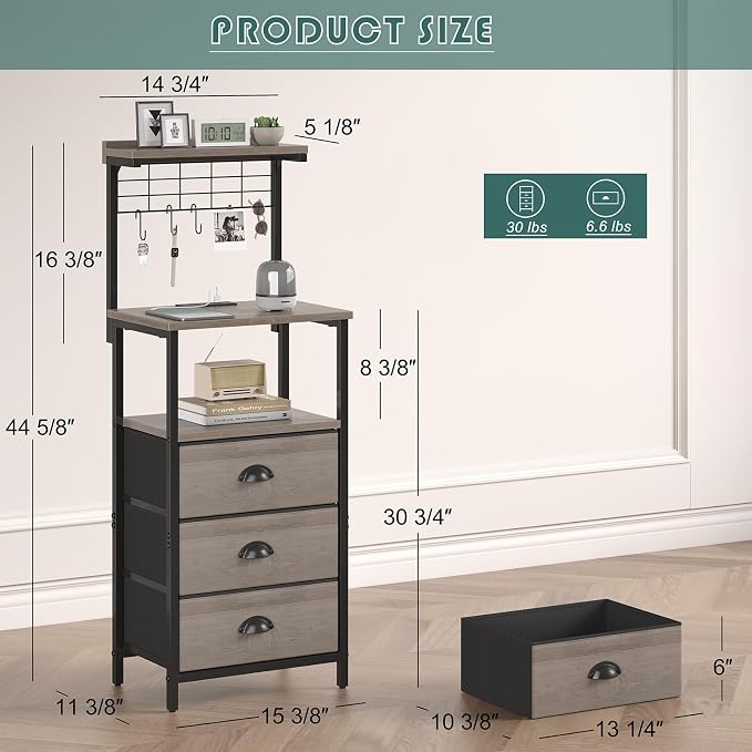 sthmec Bedside Tall Nightstands with Charging Station, LED Bedside Table for Bedroom - 3 PU Fabric Drawers, Hooks, USB/Type-C Ports & Open Bedside Shelves, Grey - Image 3